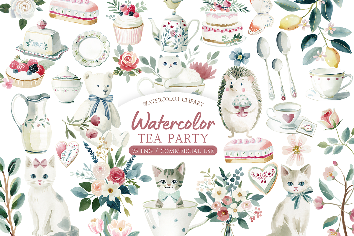 Watercolor Tea Party Clipart Bundle, an Illustration by MockupWizard (Photo 1 of 6)