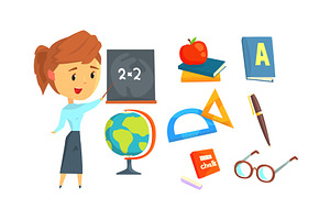 School Supplies Vector Set and Math, a Person Illustration by TopVectors
