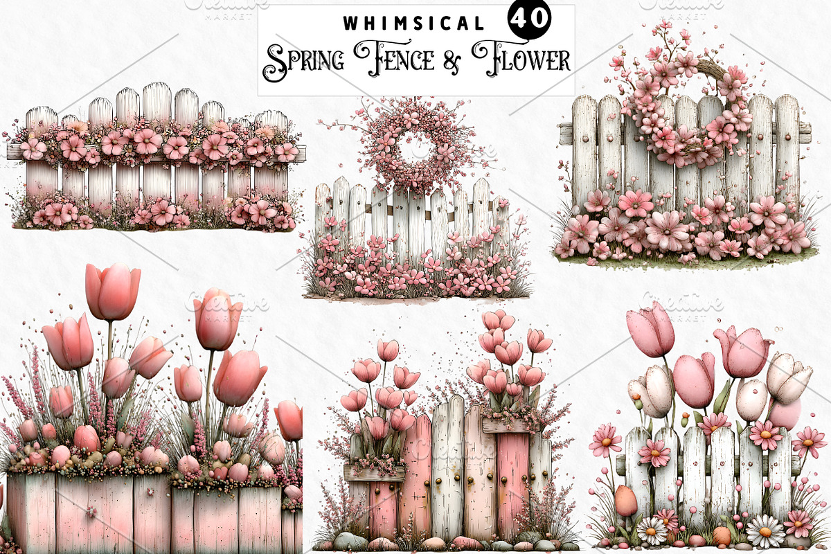 Spring Fence & Flower Clipart, an Illustration by Watercolor design (Photo 1 of 6)