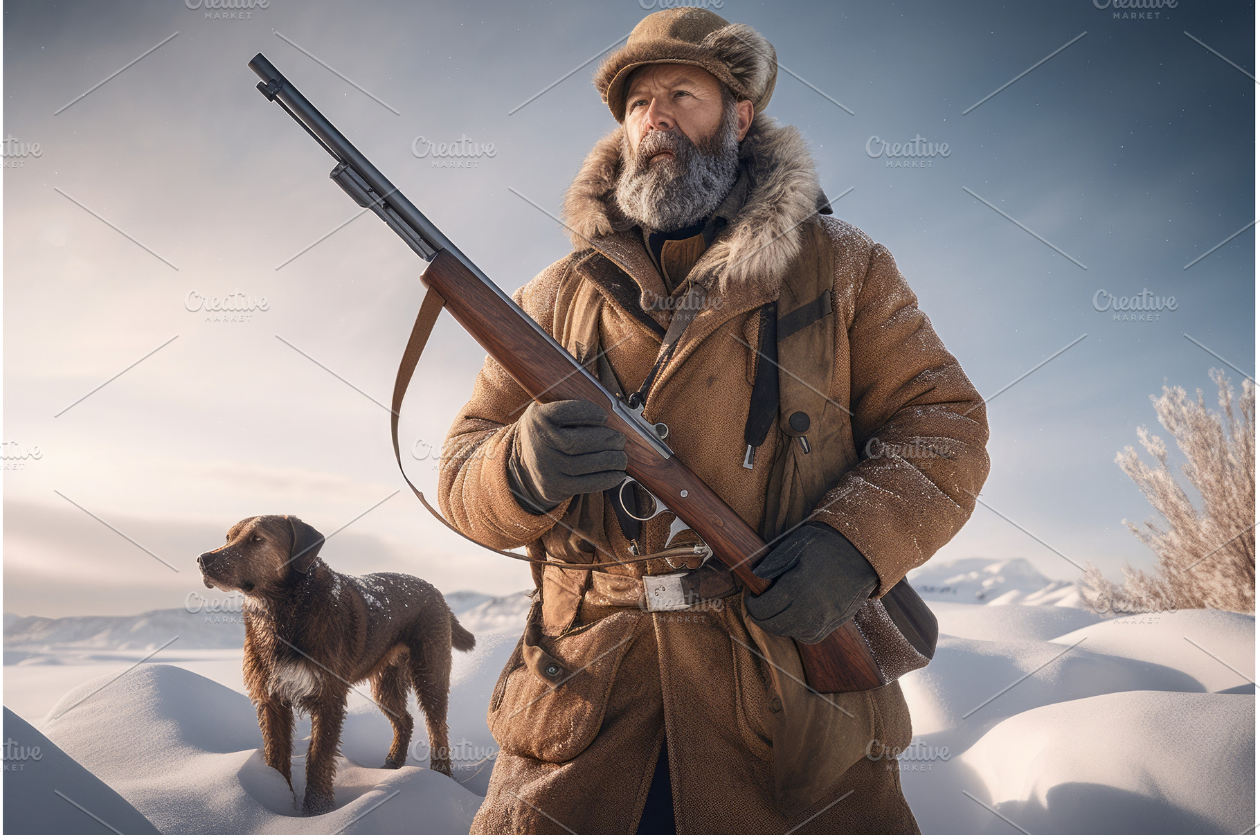Hunter with riffle in wintertime, an Animal Photo by Ylivdesign