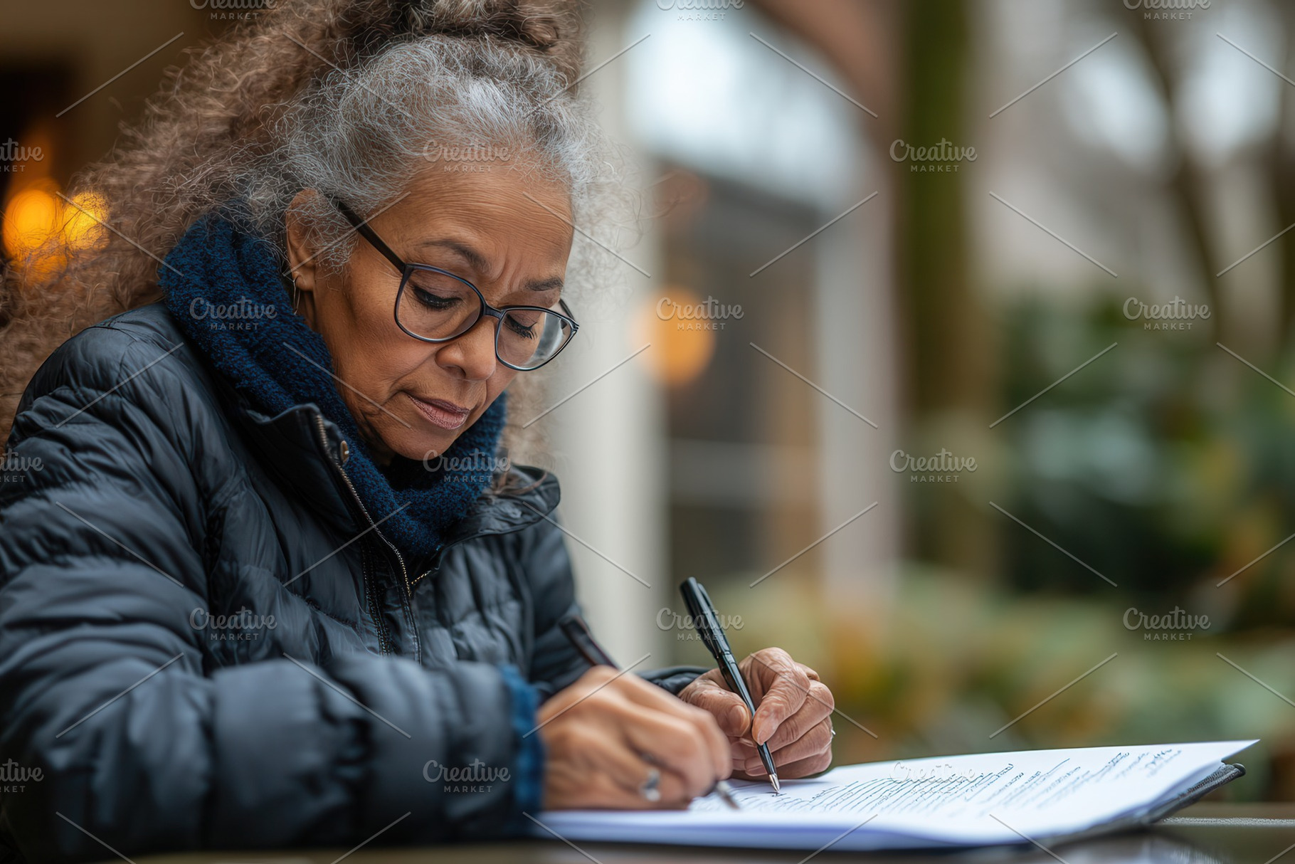 Older woman writing notes in a cozy, a Photo by Tanuart