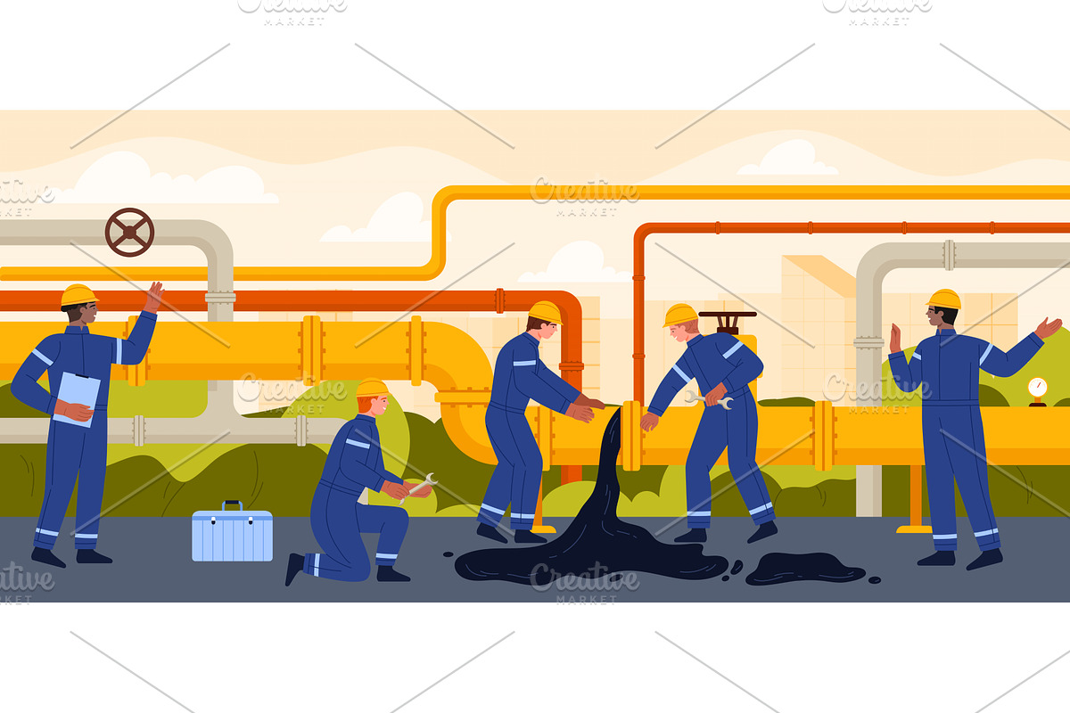 Oil pipeline accident with oil leak, an Illustration by Flashvector