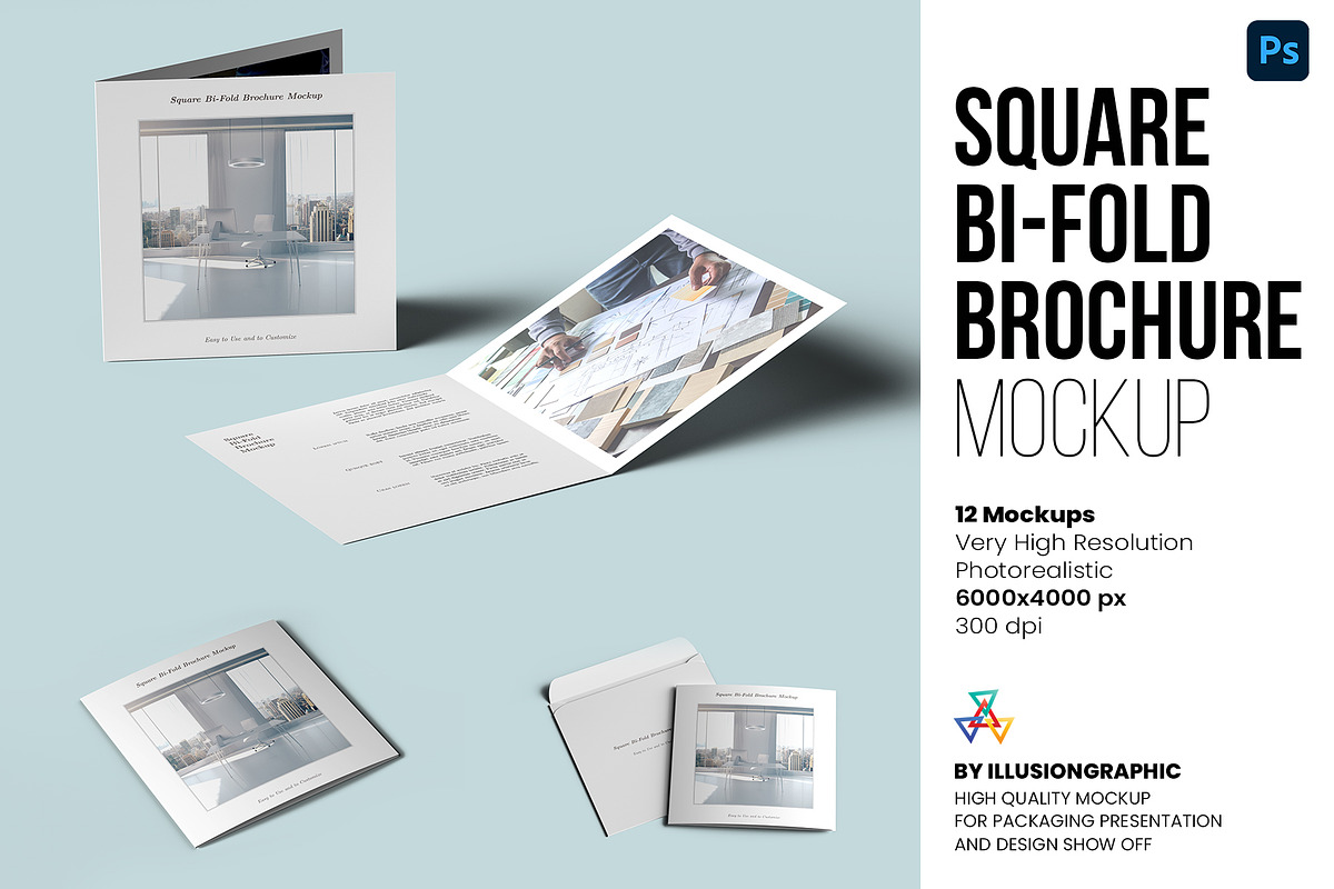 Square Bi-Fold Brochure Mockup, an Advertising Mockup by Illusiongraphic (Photo 1 of 22)