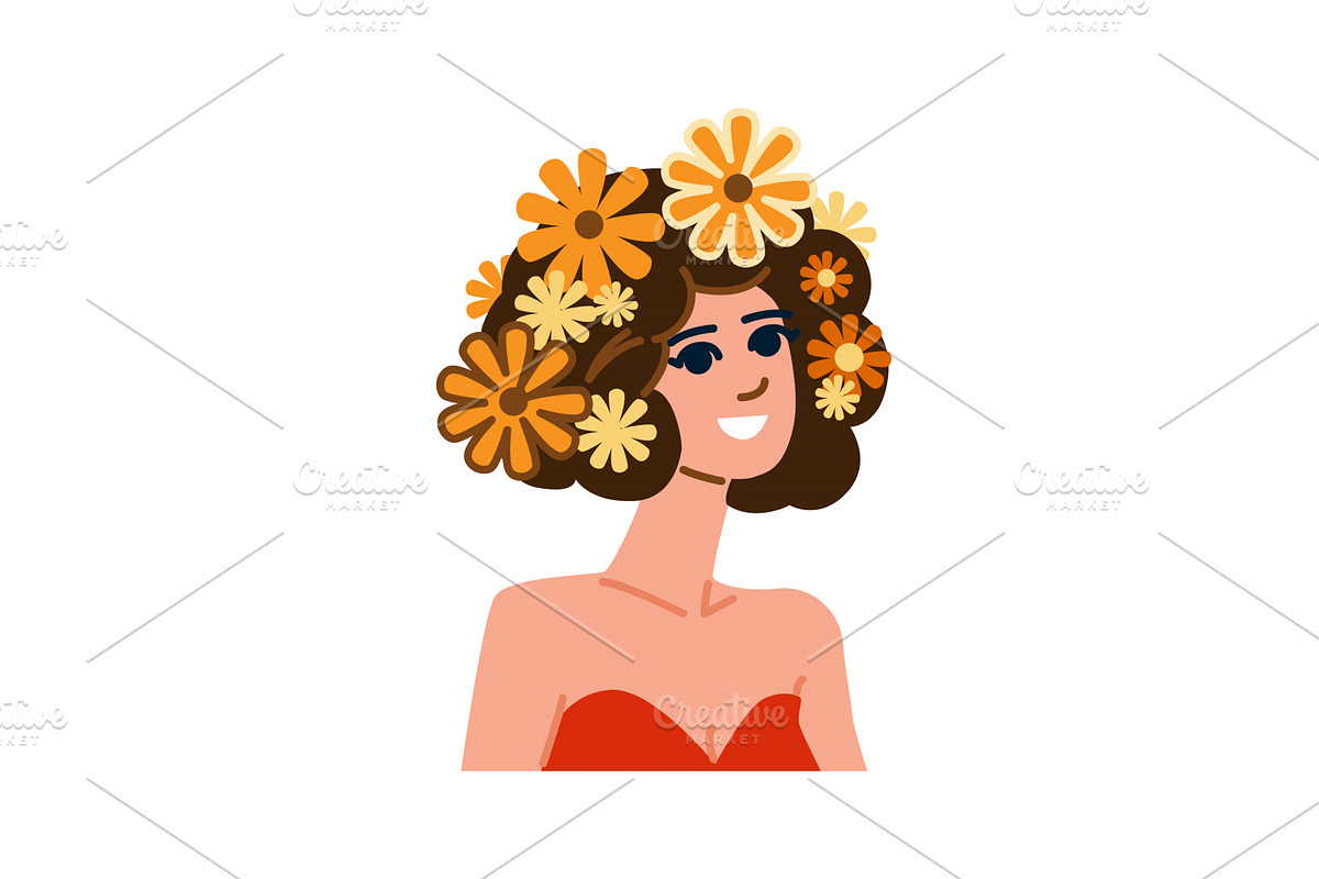 Smiling woman wearing orange flowers, an Illustration by pikepicture