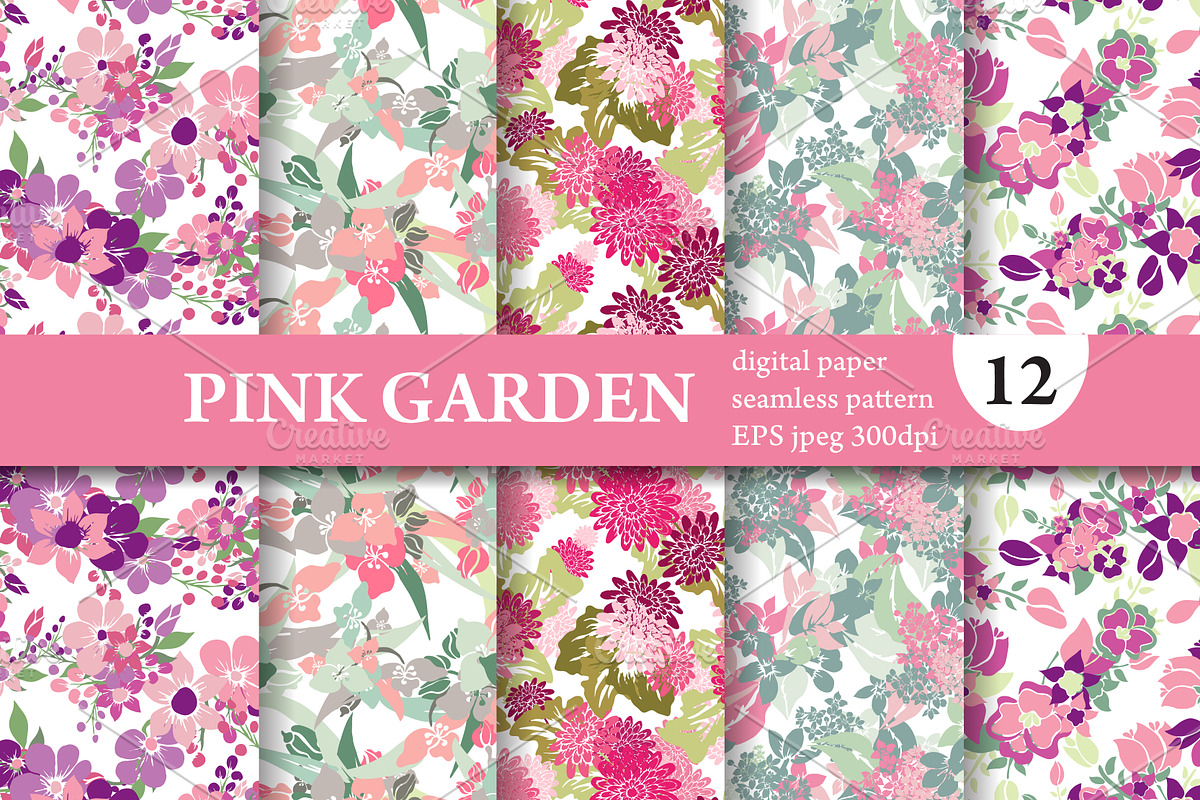 12 Pink Floral Seamless Patterns Set