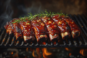 Grilled ribs coated in barbecue sauc, a Photo by Tanuart