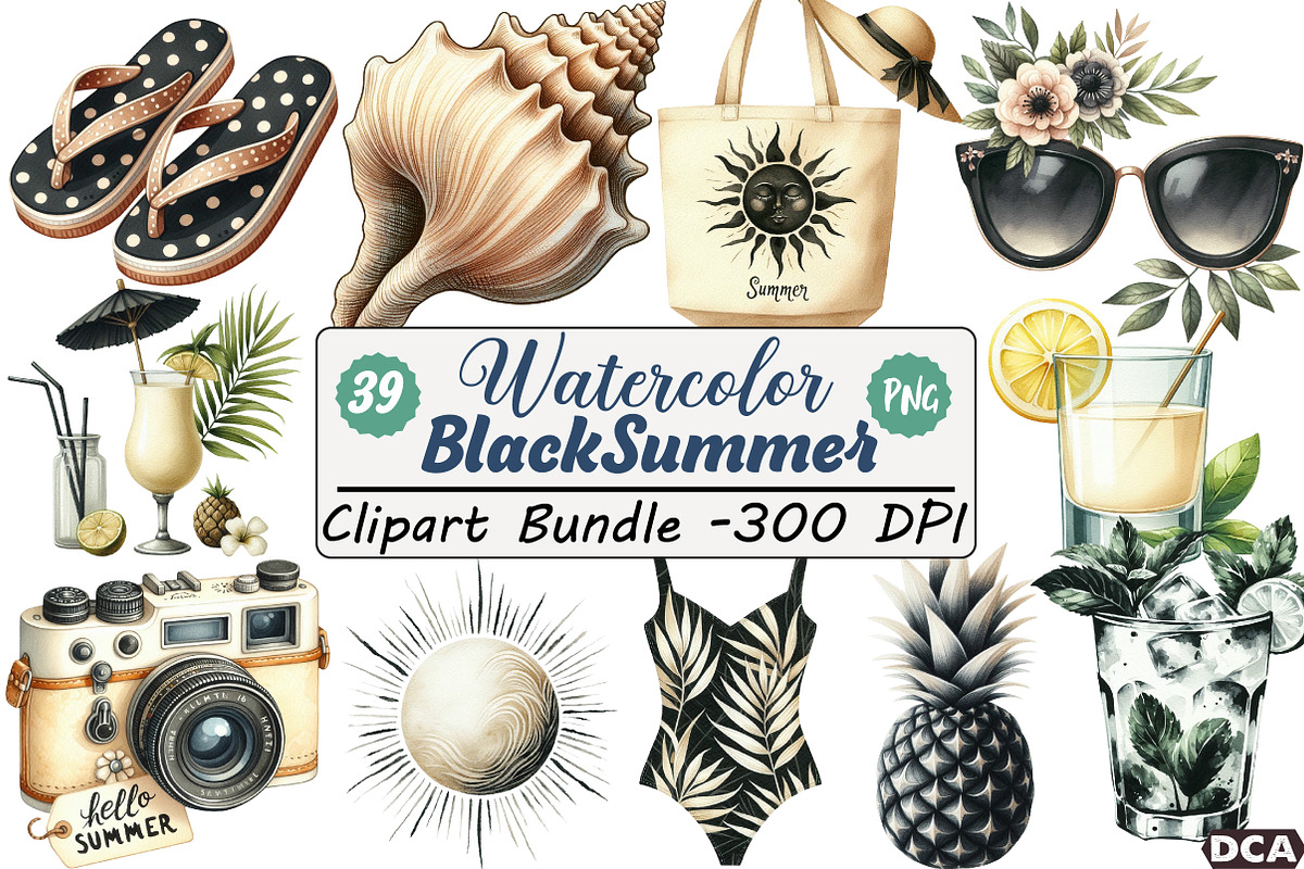 Ivory and Black Hello Summer Clipart, an Illustration by DreamCafeArt (Photo 1 of 4)