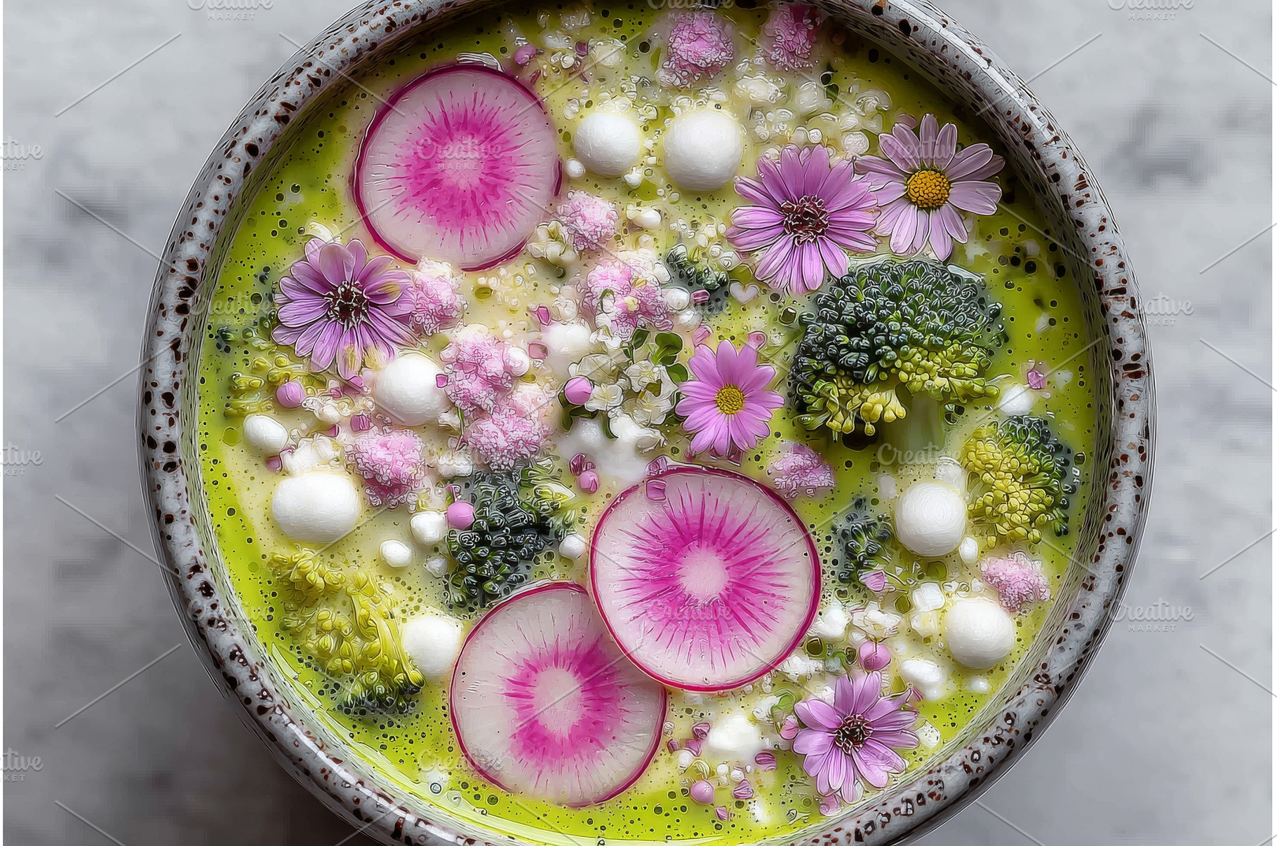 A bowl of broccoli cream soup sits, a Food & Drink Photo by ZinetroN