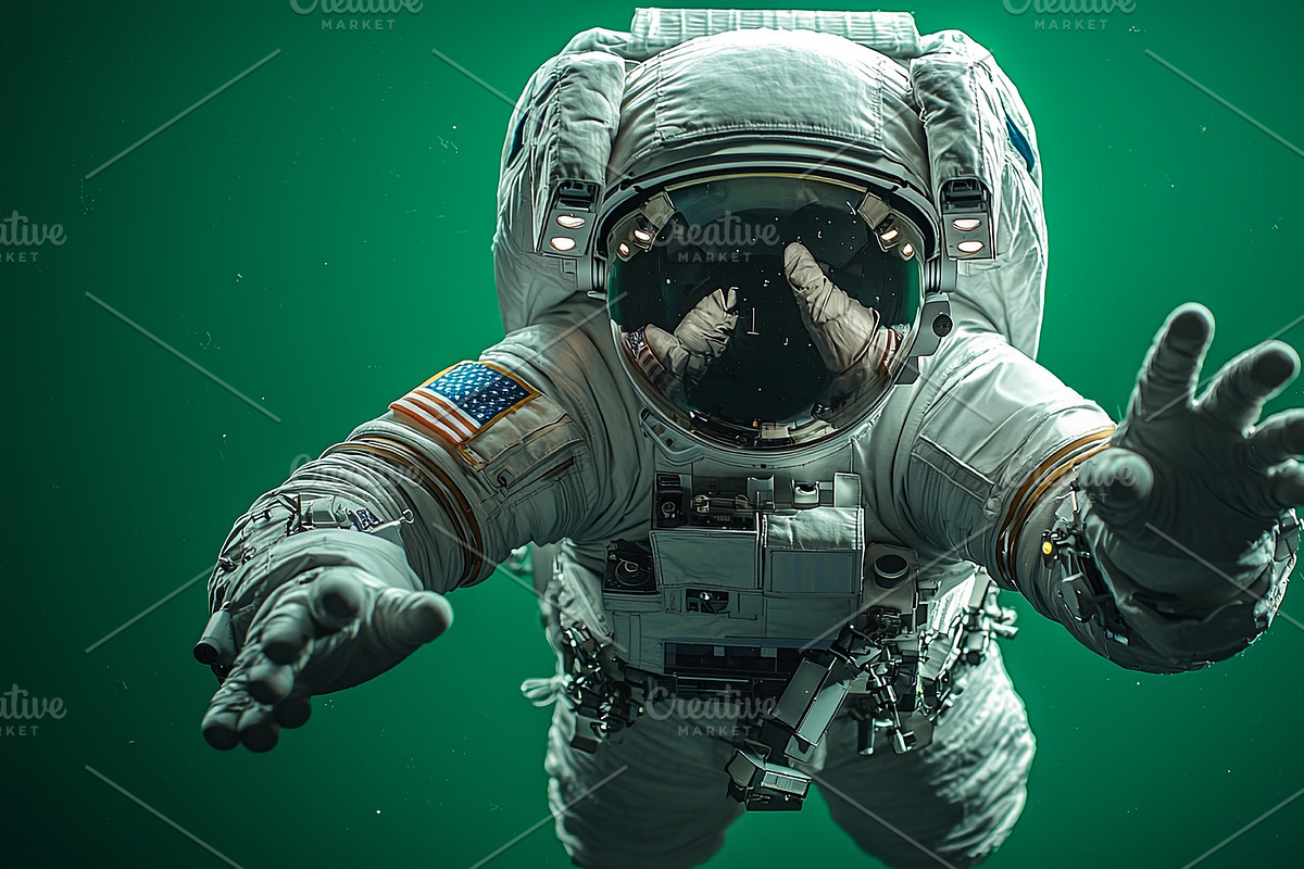 Astronaut in detailed space suit reaching out, floating against a green backdro, an Illustration by AS photostudio