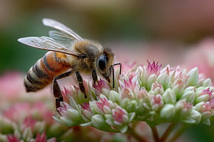 Honeybee on Pink Flowers Nature Clos, a Photo by Pixeness Studio