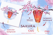 Sakura and Cat. Hanami watercolor, an Illustration by Maycat_store (Thumbnail 4 of 11)