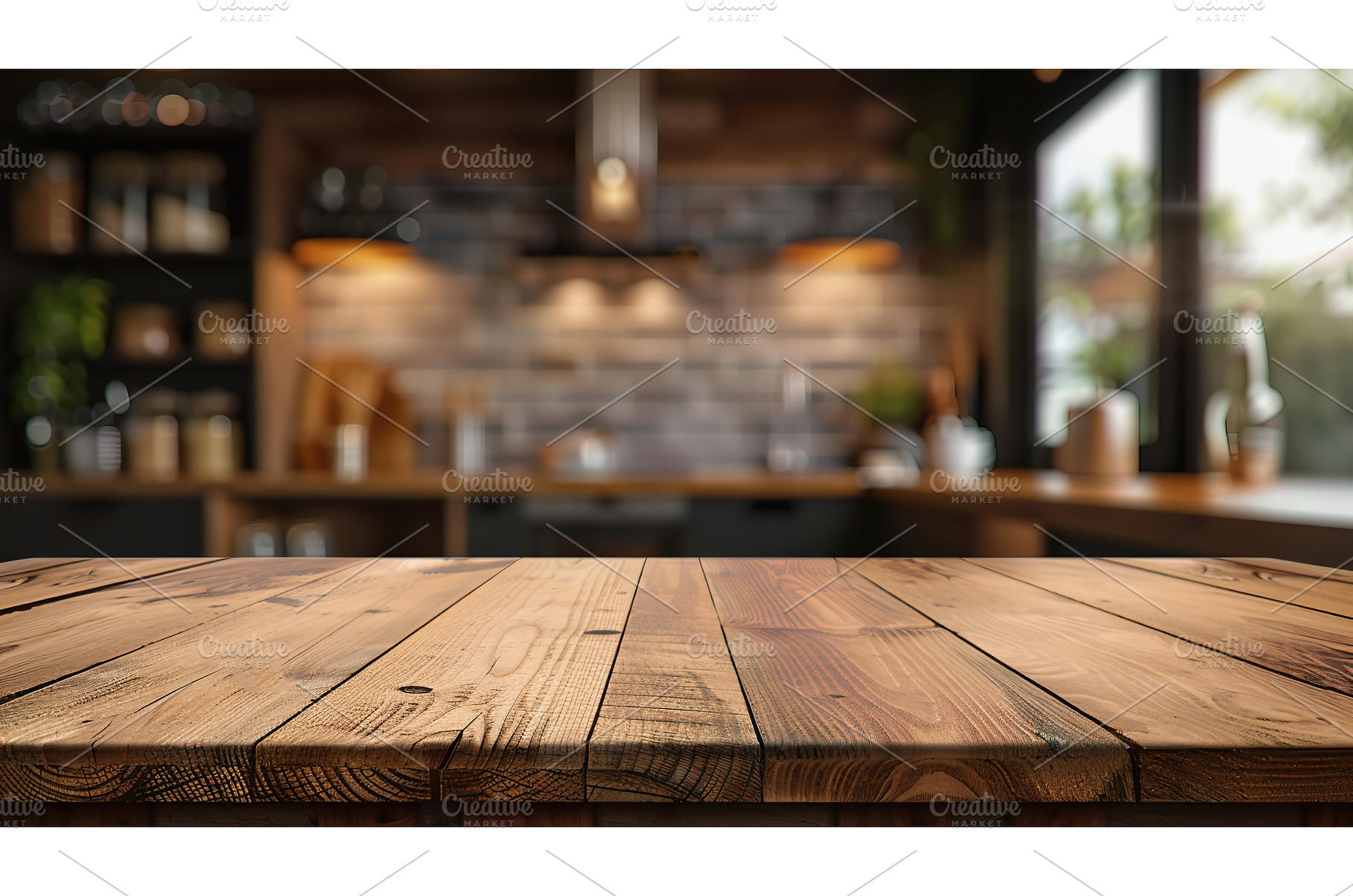 Empty wooden table top with kitchen, an Abstract Photo by Lermont51