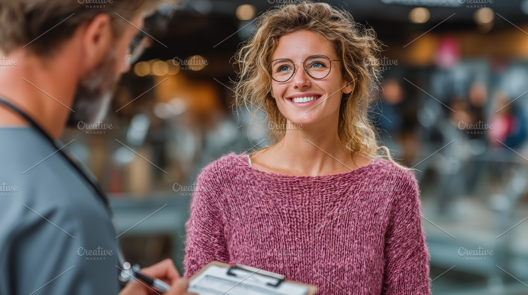 Smiling woman with glasses consulting with a health professional at a clinic, a Health & Medical Photo by AS photostudio