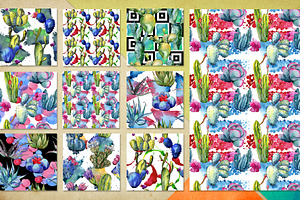 Watercolor 100 Cacti Patterns JPG