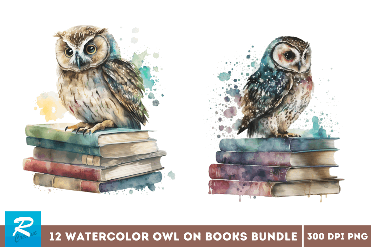 Watercolor Owl on Books Clipart Bund, an Object Graphic by Regulrcrative (Photo 3 of 7)