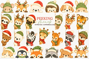Christmas Peeking Animal Clipart PNG, an Animal Illustration by SugarCloudStudioArt