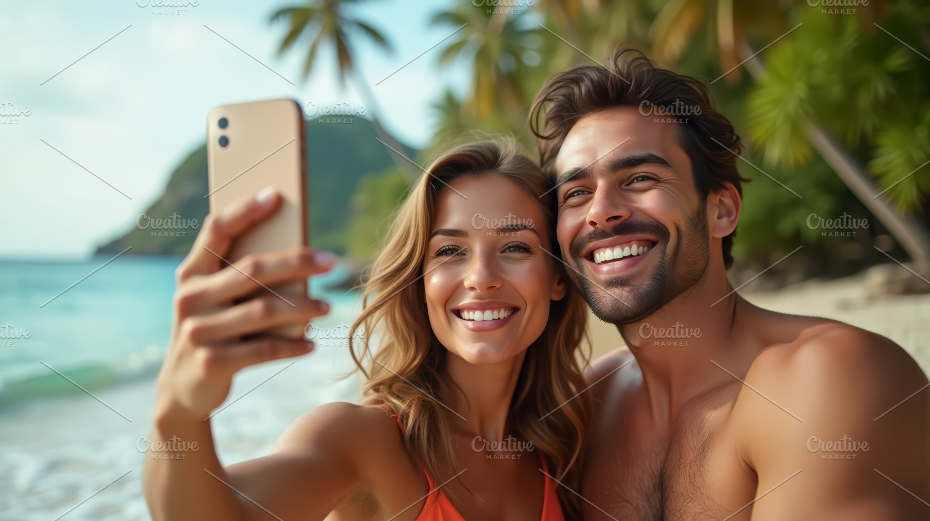 Travel influencer couple taking self, a Holiday Photo by angellodeco