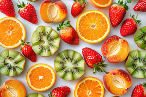 Pattern of different fresh sliced fruits on white background, a Food & Drink Photo by AlyaAnd