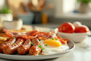 Tasty english breakfast with sausages, eggs, vegetables on the table, a Photo by AlyaAnd