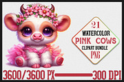 Watercolor Cute Pink Cows clipart, a Seasonal Illustration by Craft Nest (Thumbnail 1 of 6)