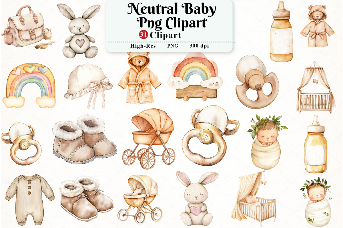 Neutral Baby Watercolor Clipart, an Illustration by Watercolor design (Photo 1 of 11)