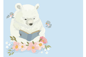 Cute Polar Bear reading Book sitting, an Object Illustration by Maria Starus
