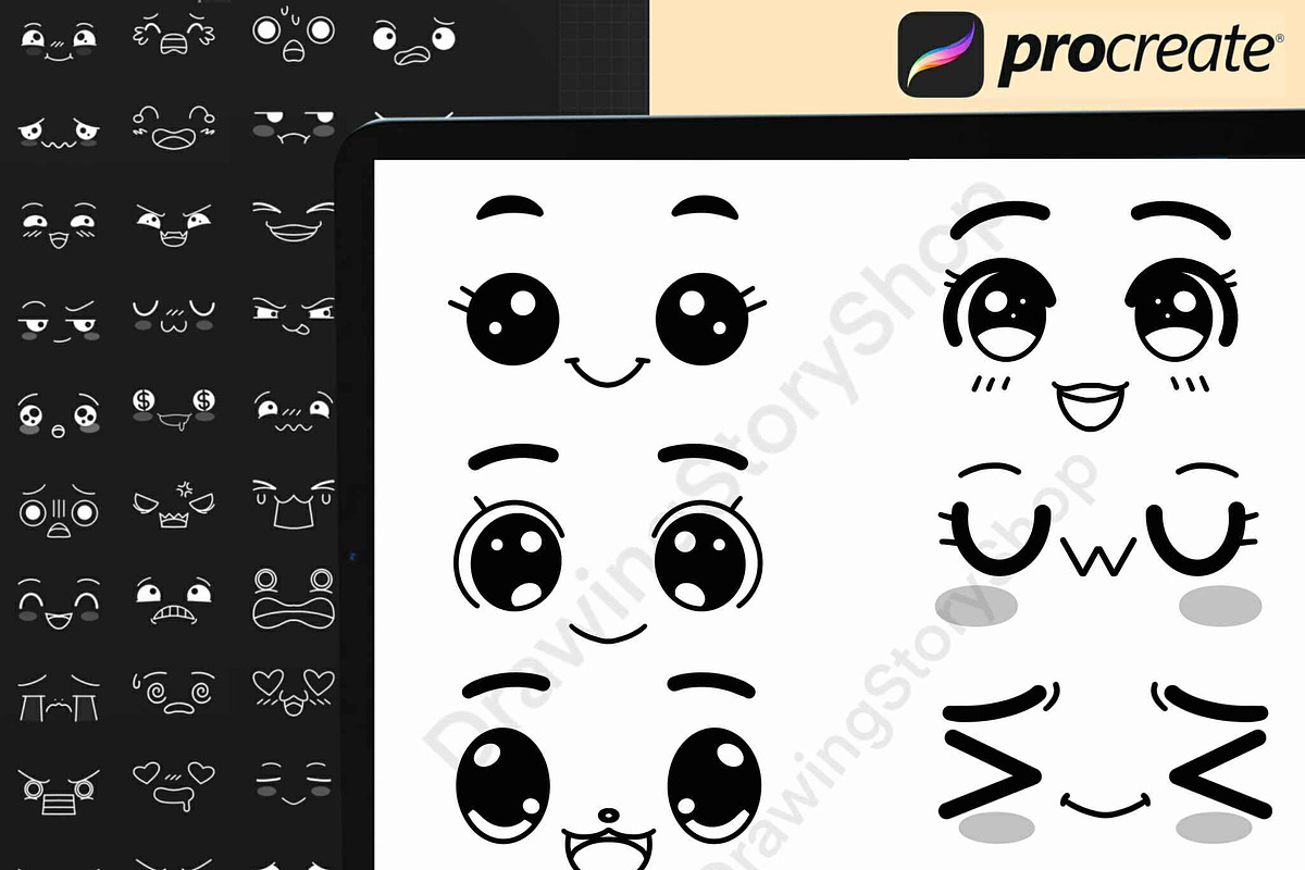 200 Procreate Kawaii Faces Stamp, a Brush Add-On by DrawingStoryShop