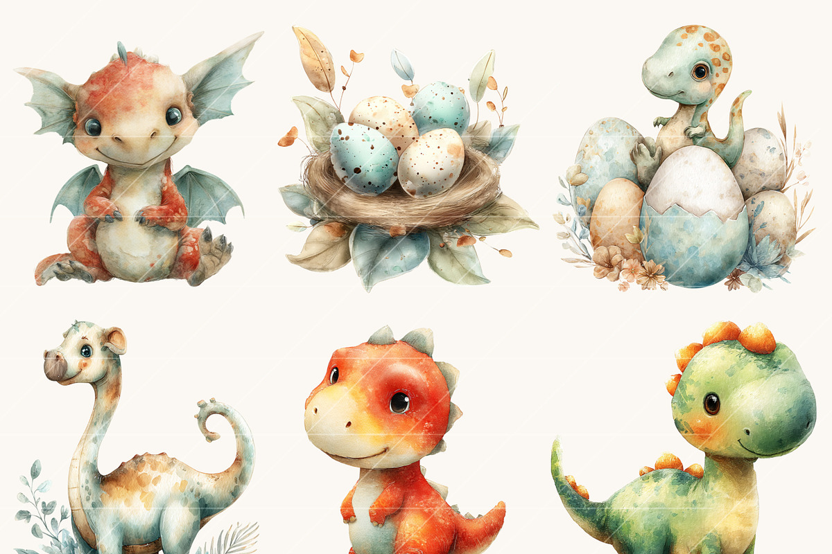 Watercolor Cute Dino Clipart, an Animal Illustration by Design Scotch (Photo 5 of 9)
