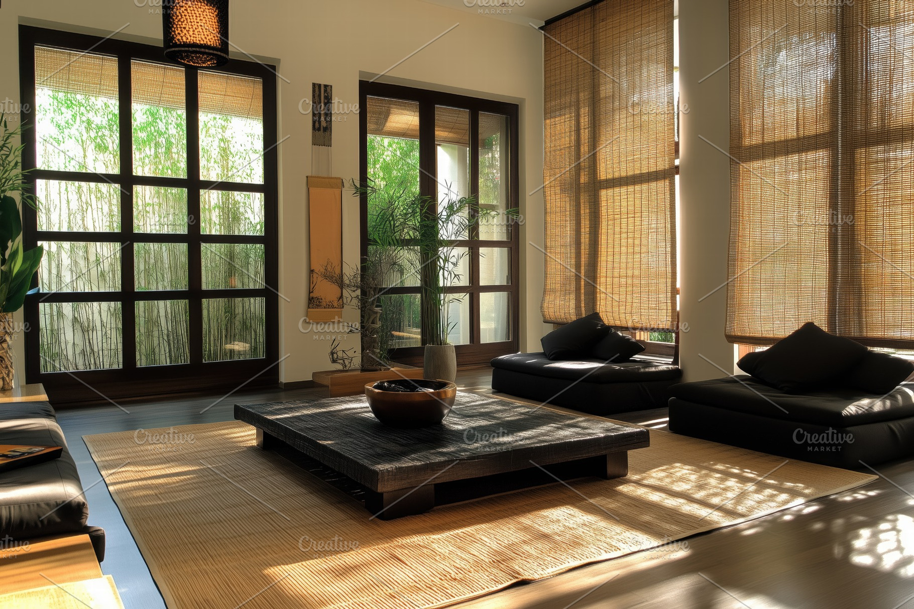 A Asian Zen interior design style serene and modern living room featuring  large, an Arts \u0026, image size:1820x1214