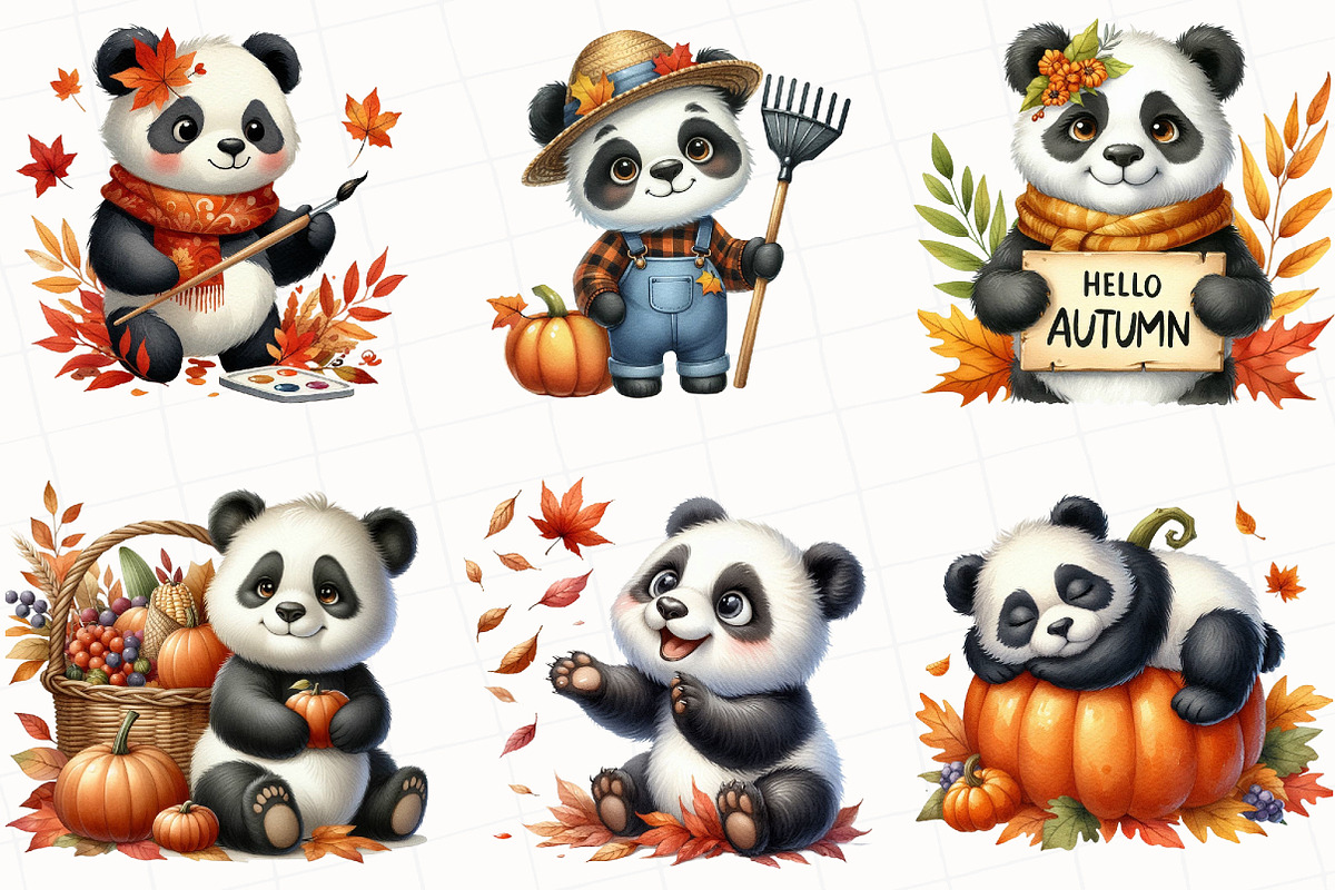 Watercolor Autumn Panda Clipart, an Illustration by OK Design (Photo 3 of 5)