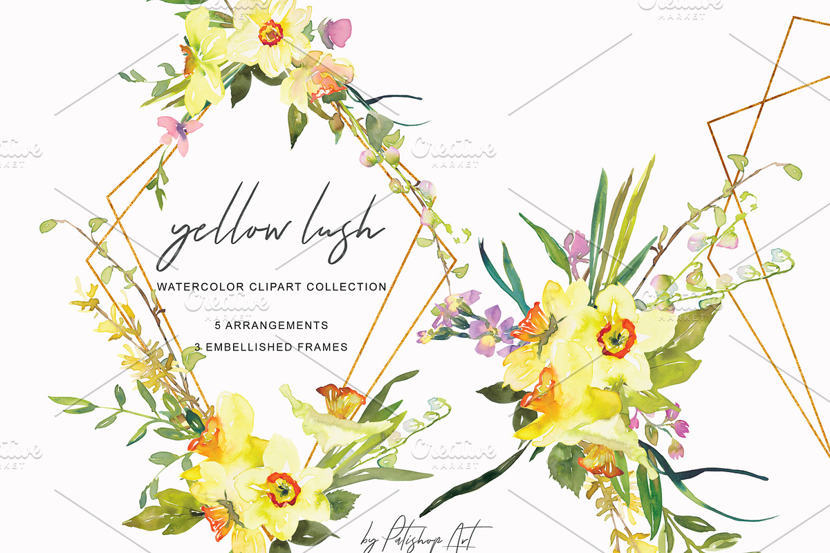 Watercolor Daffodil Bouquet & Frames, an Illustration by Patishop Art (Photo 1 of 7)