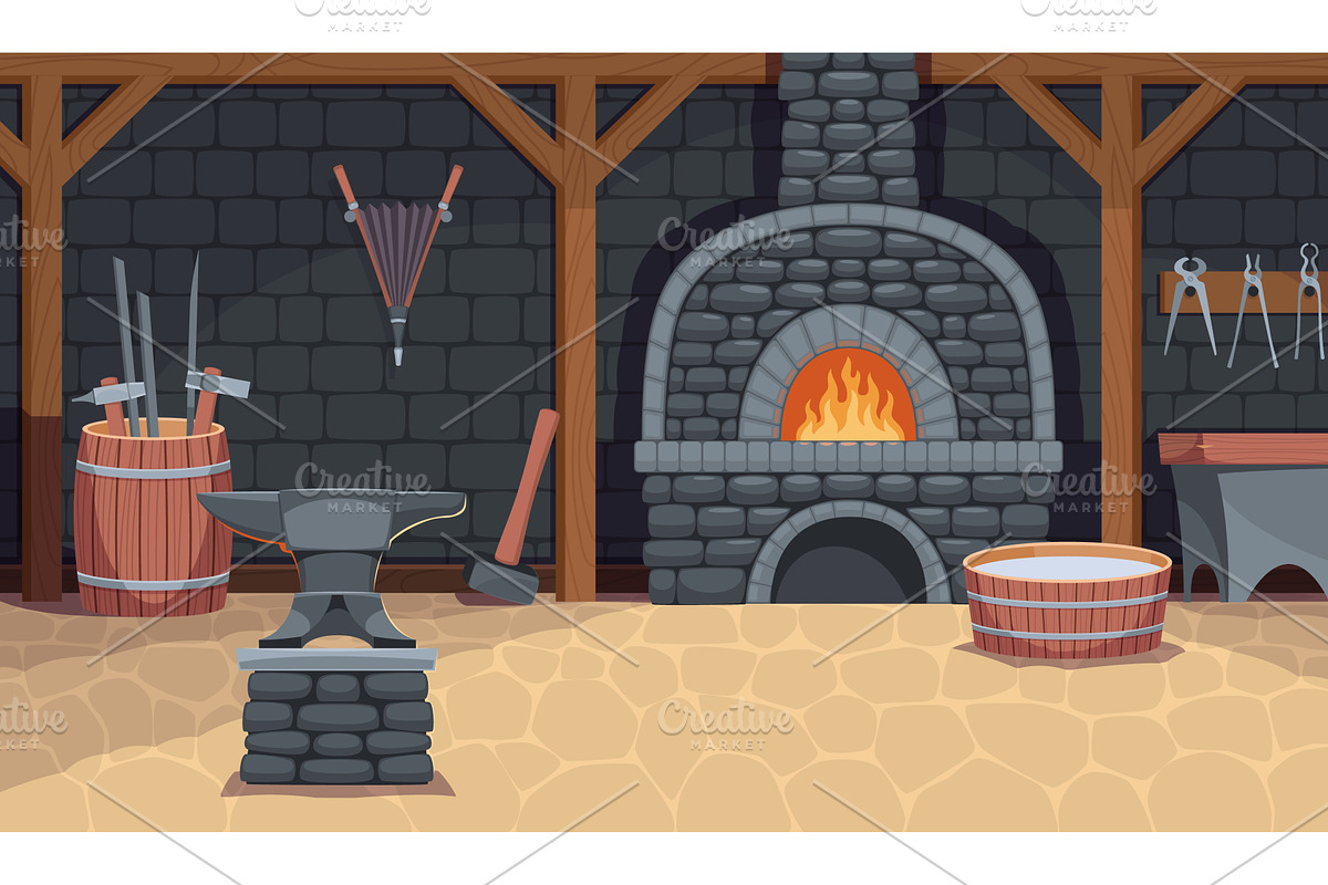 Blacksmith shop interior. Smithy, an Illustration by YummyBuum