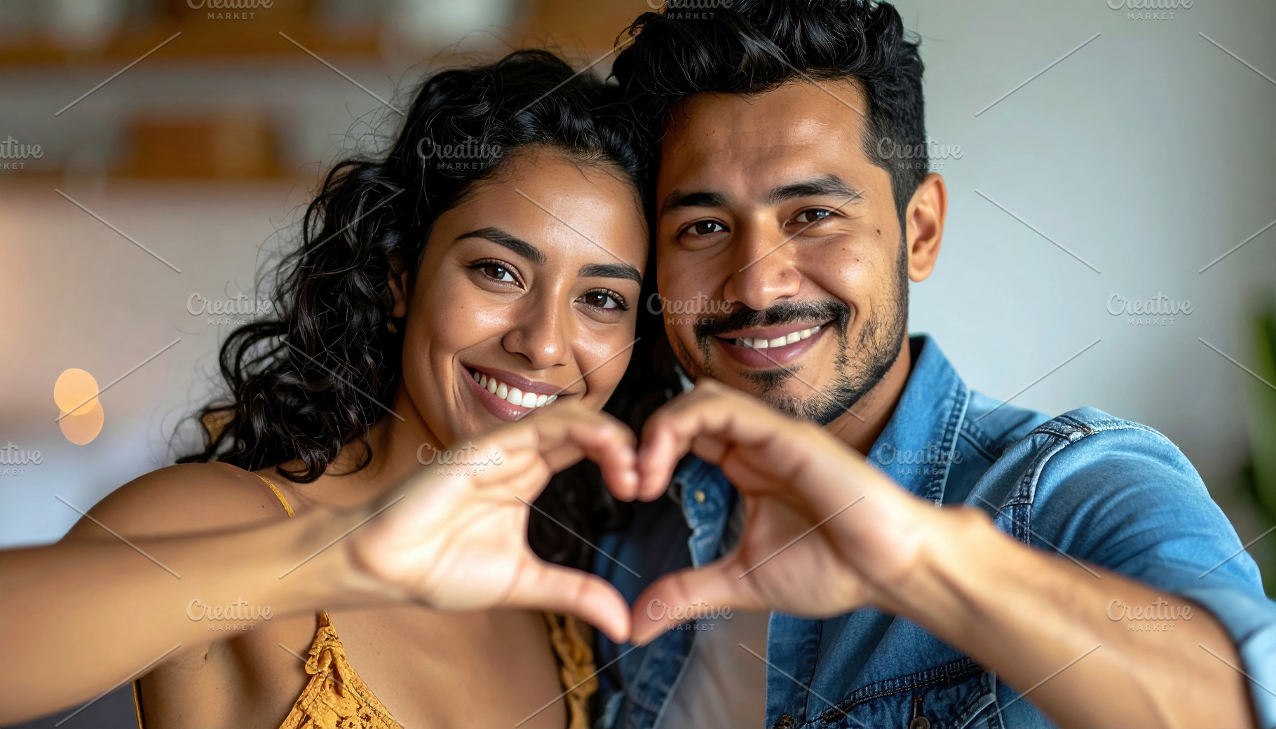Happy mixed ethnicity couple making heart shape, a Person Photo by Davizro's Market