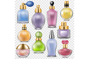 Perfume Vector Perfumed Aroma In Glass Bottle Or Fragrance Spray For Scented Woman Illustration Perfumery Set Of Female Beauty Scent Isolated On Trans