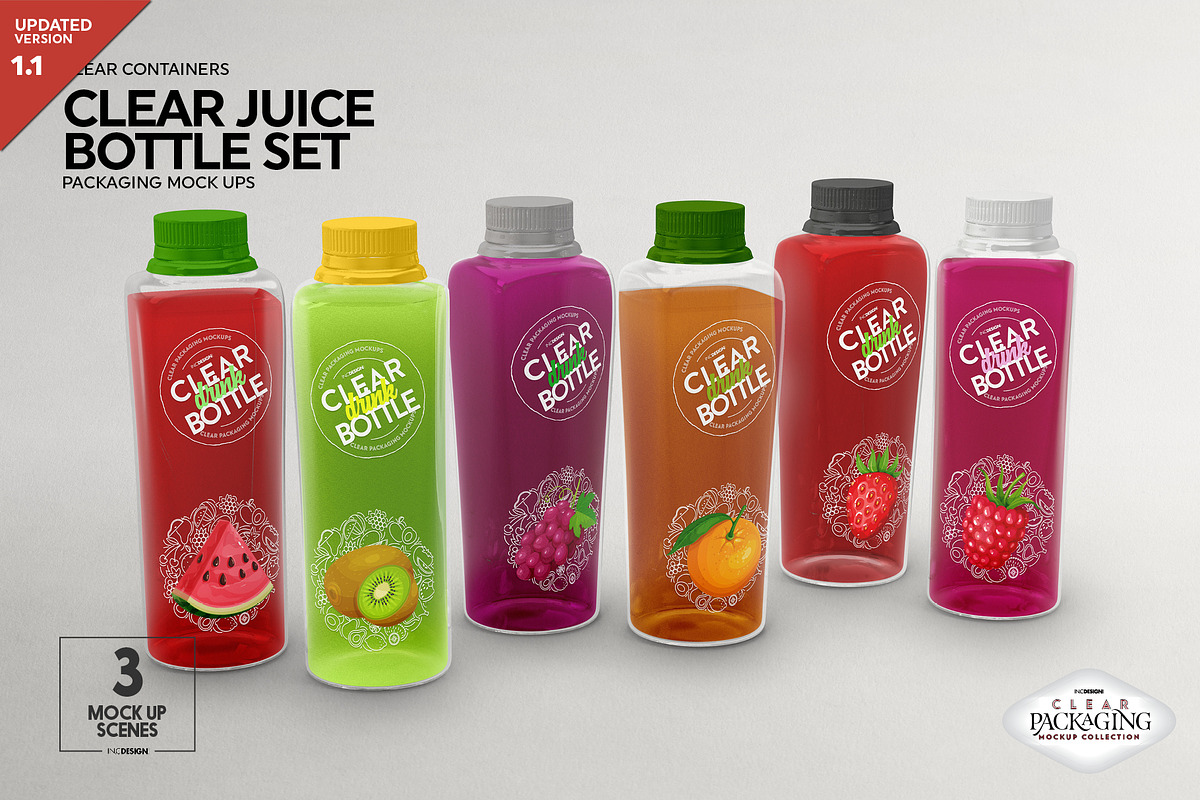 Clear Juice Bottle Sets Mockup, a Packaging Mockup by INCDesign (Photo 2 of 10)