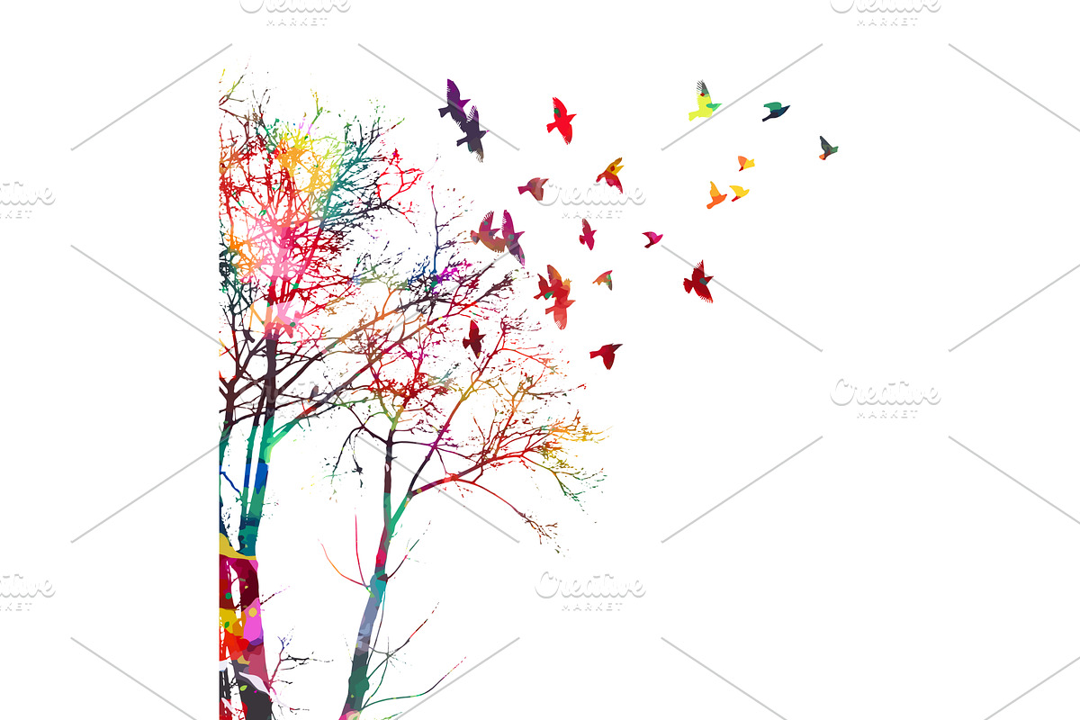 Tree silhouette and flying colored, an Animal Illustration by Nenahliadava Design