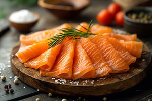 Freshly sliced salmon fillet arranged on a wooden platter, garni, a Food & Drink Photo by ImageMir