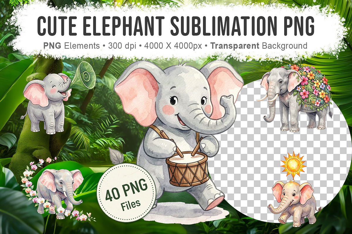 Cute Elephant Sublimation PNG, an Animal Illustration by Artnoy (Photo 1 of 18)