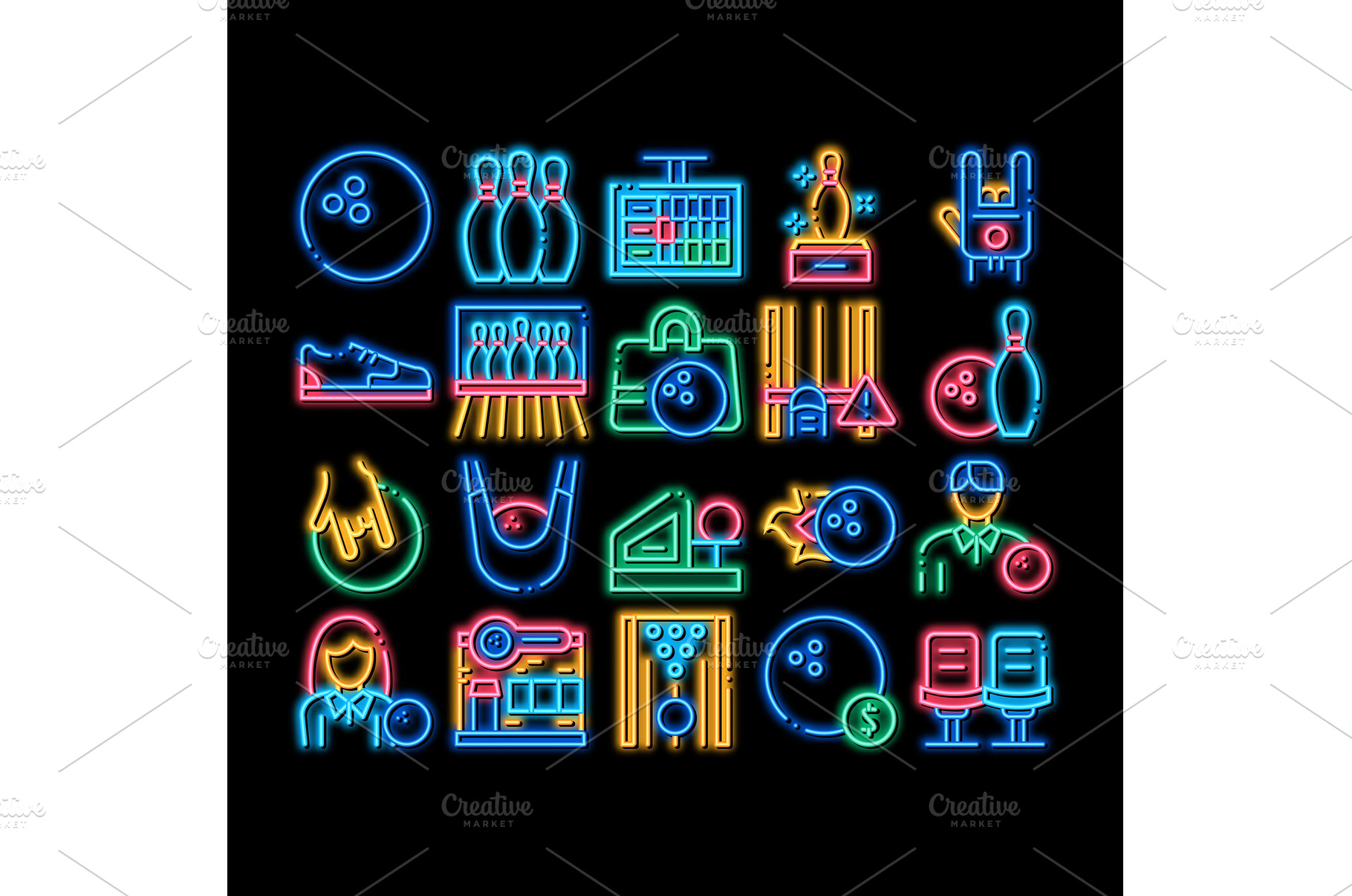 Bowling Game Tools neon glow icon, an Industrial Photo by pikepicture