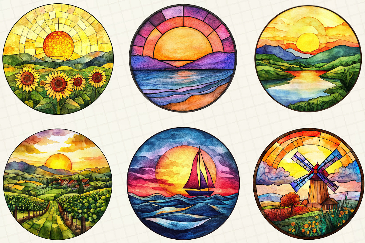 Stained Glass Summer Sunset Clipart, an Illustration by OK Design (Photo 4 of 5)