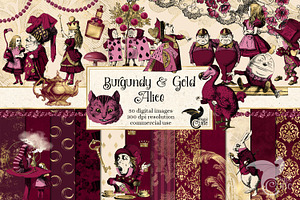 Burgundy & Gold Alice Graphics, an Illustration by Digital Curio