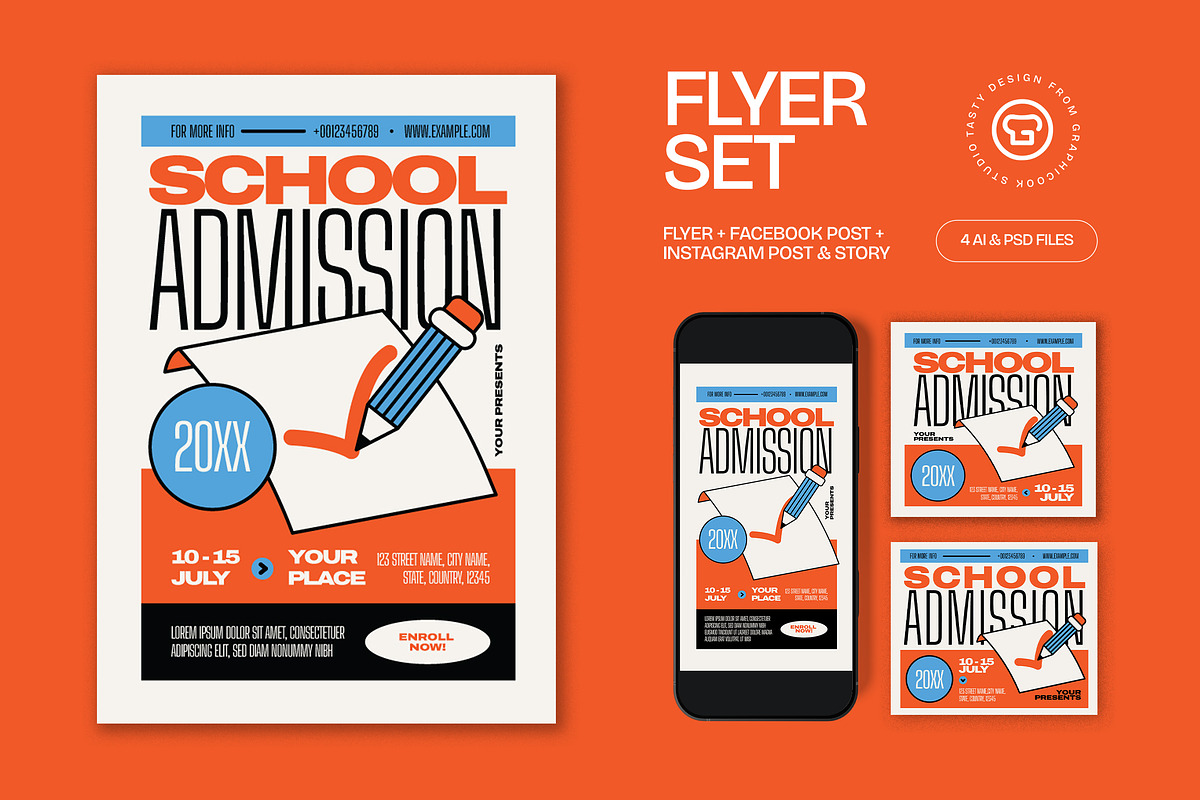 Orange School Admission Flyer Set, a Flyer Template by graphicook (Photo 1 of 3)