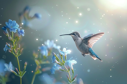 Hummingbird hanging in the air near the flower on blurred background, an Animal Photo by AlyaAnd