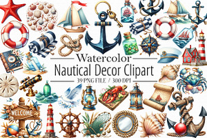 Watercolor Nautical Decor Clipart, an Illustration by Libby Wishes