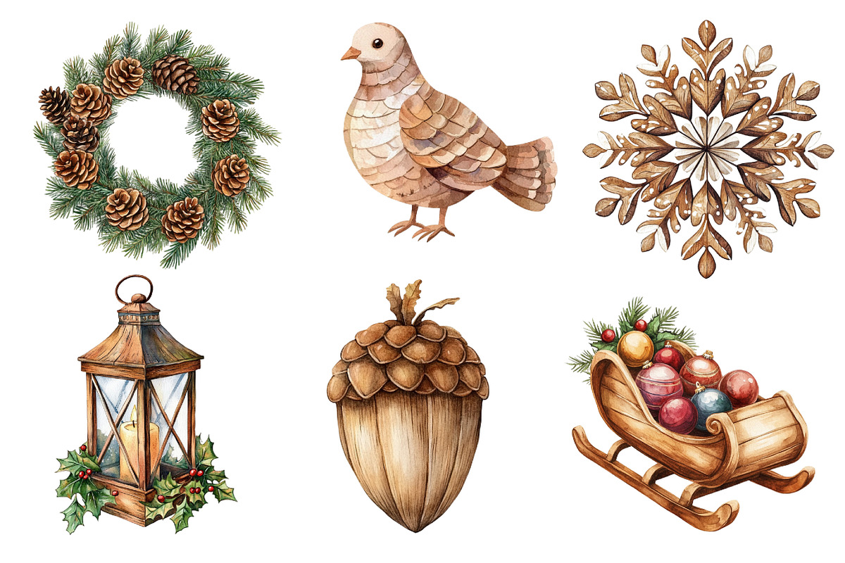 Rustic Wooden Christmas Clipart, an Illustration by Dream Creation (Photo 2 of 7)