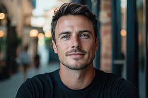 Closeup of a handsome man in a black, a Photo by Pavel_design