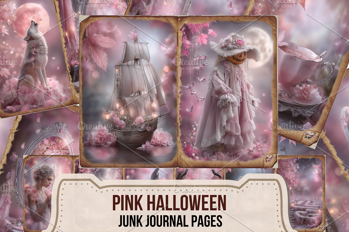 Pink Halloween Junk Journal Pages, a Seasonal Illustration by Print Haven Mochi Vintage (Photo 1 of 11)