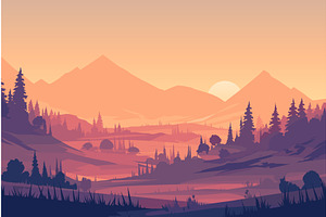 View of the valley at sunrise with, an Illustration by LadadikArt