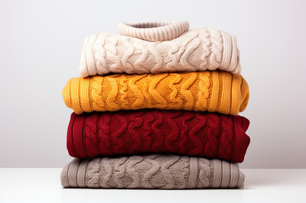 Stack of knitted sweaters on white background, a Beauty & Fashion Photo by AlyaAnd