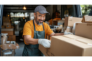 Asian delivery worker smiling while, a Person Photo by Sergey Kotenev